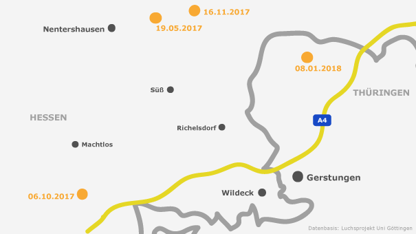 Luchsnachweise im hessischen Grenzraum 2017 und bei Gerstungen/Thüringen 2018 (Datenbasis: Luchsprojekt Uni Göttingen