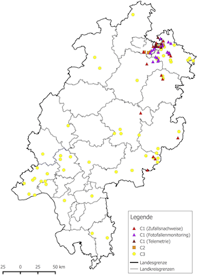 Karte hessischer Luchshinweise aus dem Zeitraum 01.05.2015 – 30.04.2016
