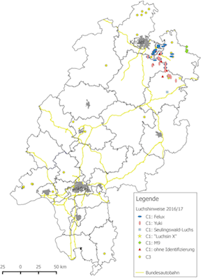 Karte hessischer Luchshinweise aus dem Zeitraum 01.05.2016 – 30.04.2017
