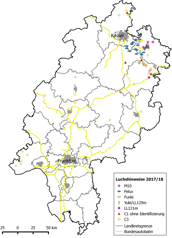 Karte hessischer Luchshinweise aus dem Zeitraum 01.05.2017 – 30.04.2018 Karte hessischer Luchshinweise aus dem Zeitraum 01.05.2017 – 30.04.2018