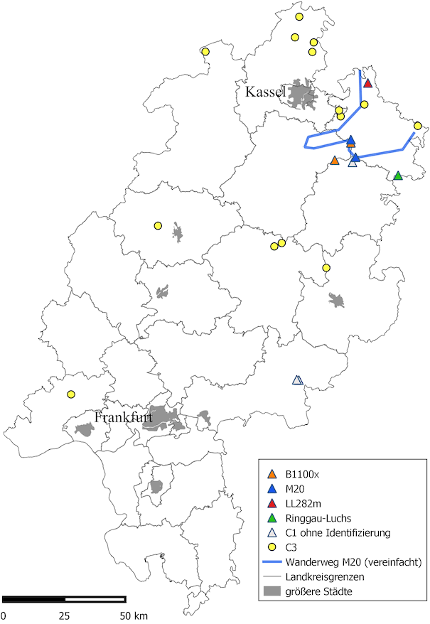 Karte hessischer Luchshinweise aus dem Zeitraum 01.05.2021 – 30.04.2022 Karte hessischer Luchshinweise aus dem Zeitraum 01.05.2021 – 30.04.2022